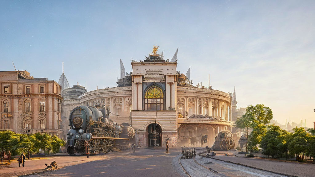 Fantastical cityscape with classical building and vintage trains in glowing sky