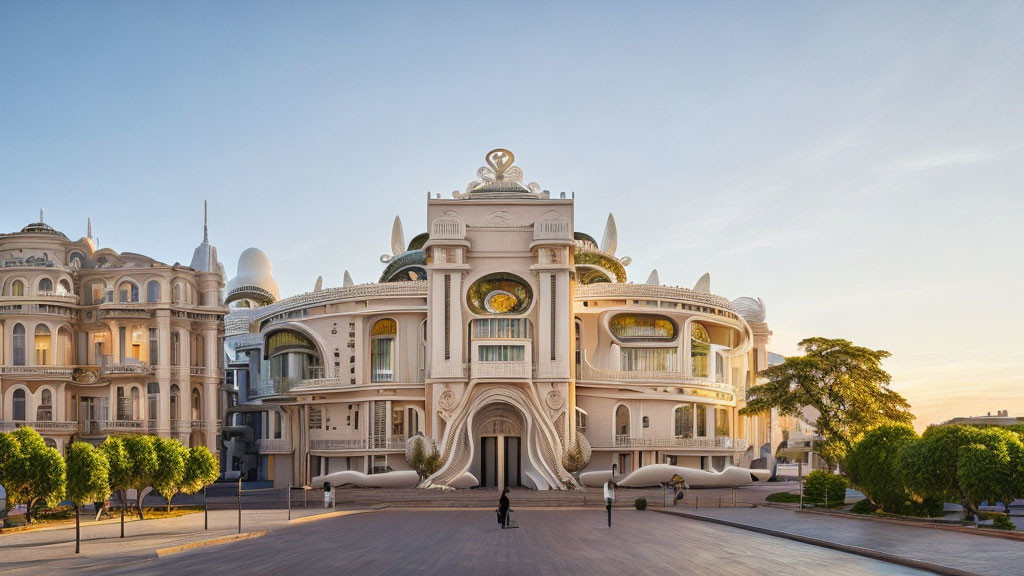 Ornate white building with domes and intricate designs at sunrise or sunset