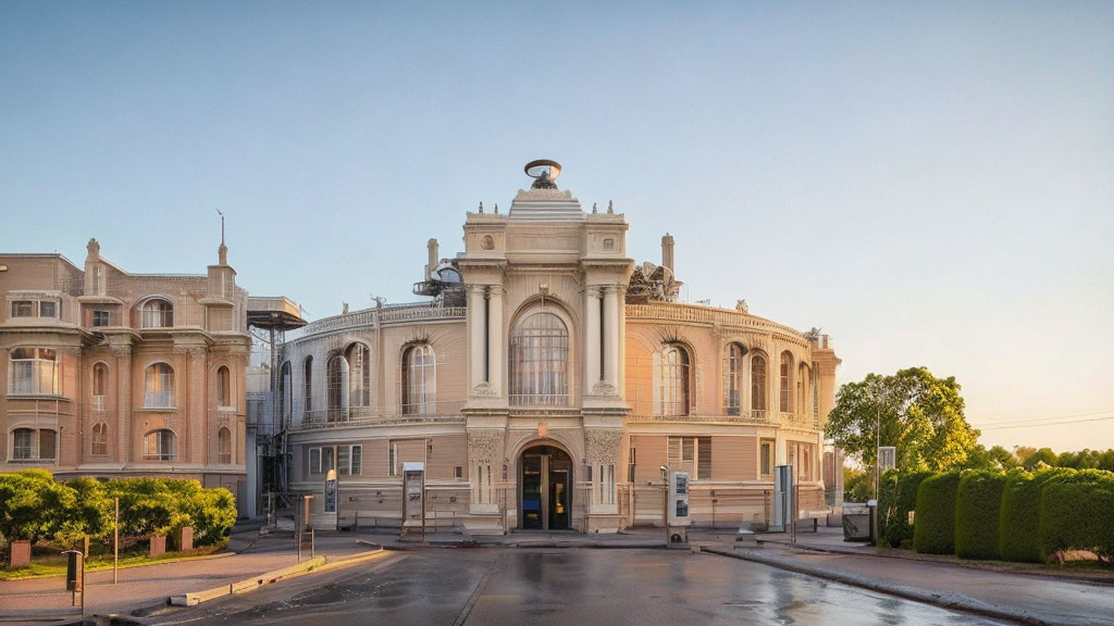 Neoclassical Architecture Building with Decorative Columns at Dawn or Dusk