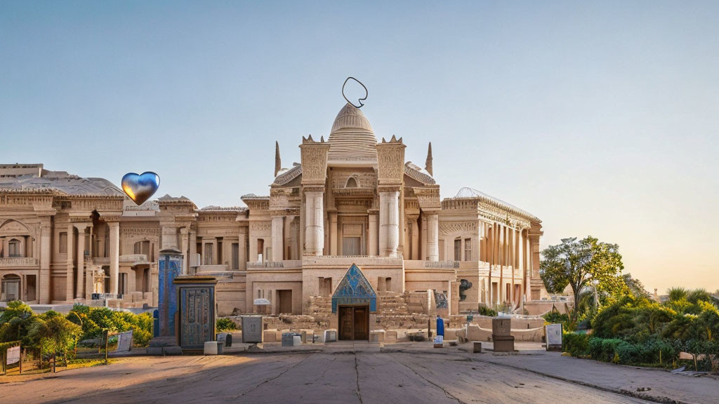 Islamic architecture with dome and sculptures under clear sky at sunrise or sunset