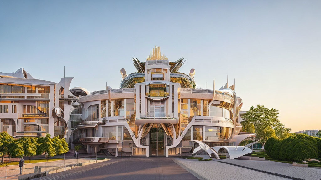 Curved architecture with golden accents and balconies against clear dusk sky