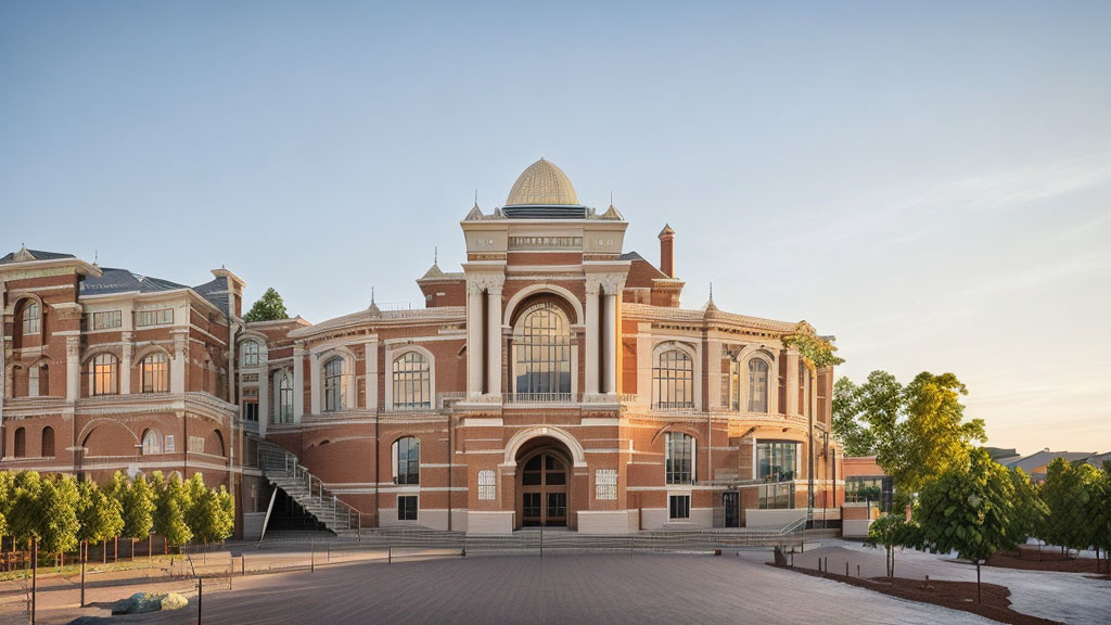 Classic Red-Brick Building with White Dome and Stairs at Dusk