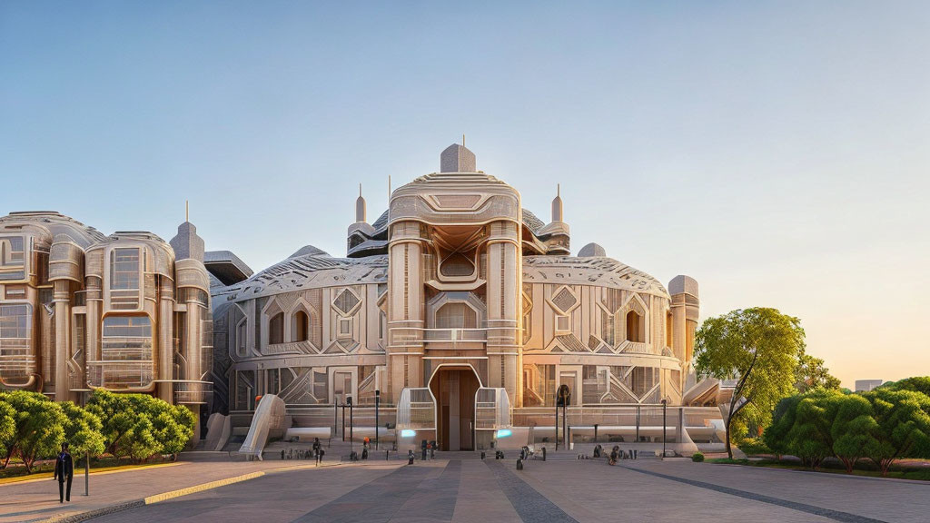 Modern building with intricate facade and dome structures in spacious courtyard at dusk