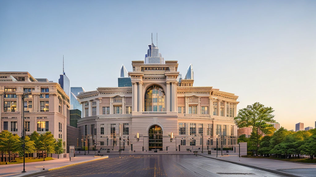 Neoclassical building with central dome and modern skyscrapers in background