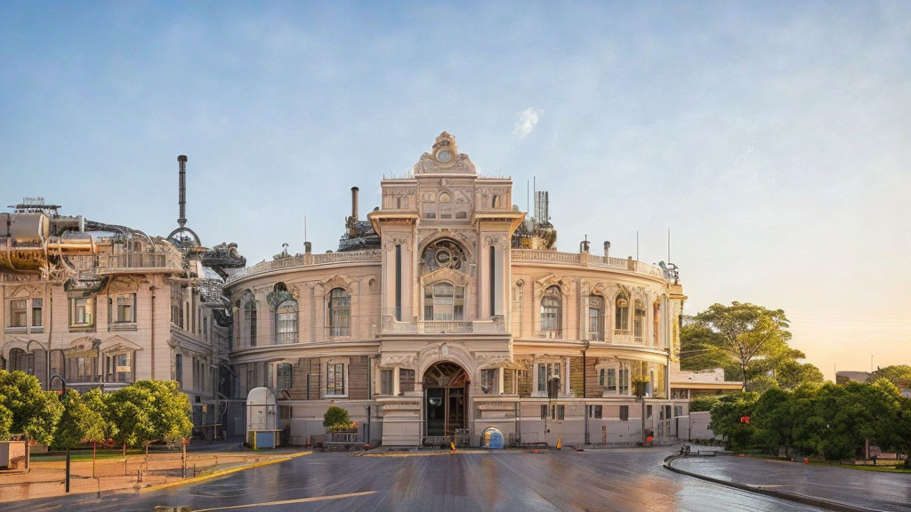 Historic building with intricate architecture and arched entrance at dawn or dusk