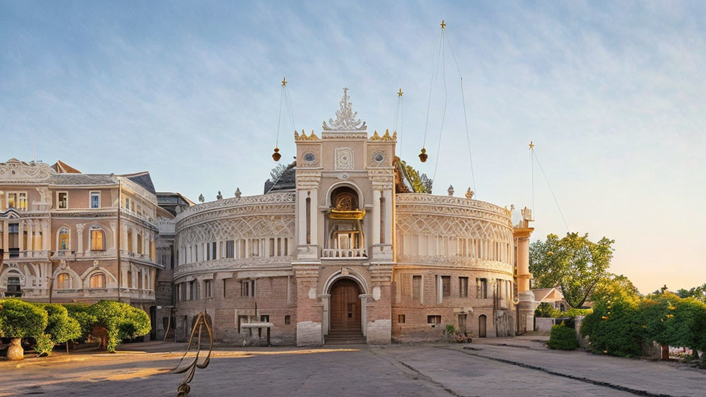 Ornate Building with Arched Entrance and Sculptures at Sunset