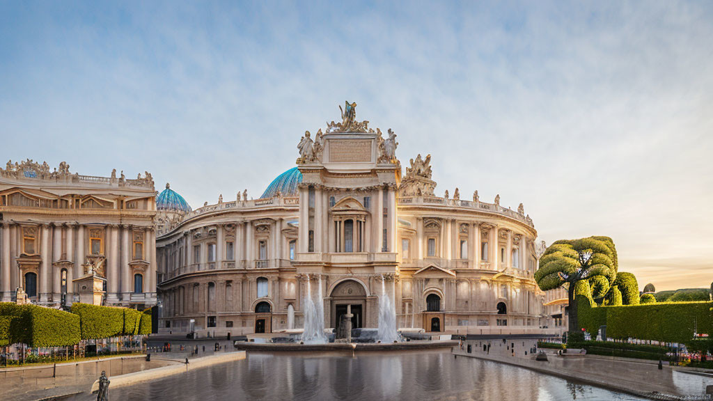 Historical building with ornate facades, sculptures, fountain, and manicured trees under pastel