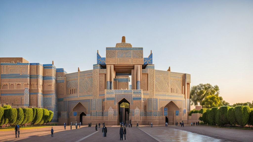 Traditional Building with Ornate Blue Tilework and Central Archway