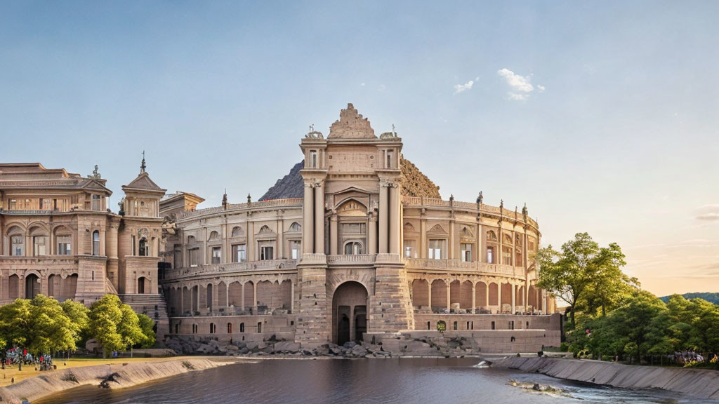 Majestic European architecture by tranquil river at sunset