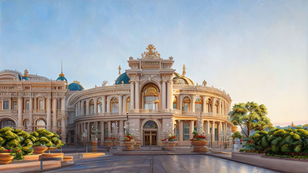 Opulent classical building with arches and ornate decorations at sunset