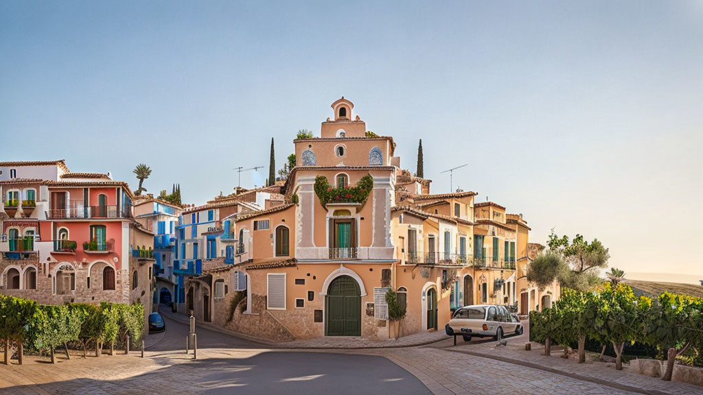 Scenic European street with colorful buildings and vineyard car