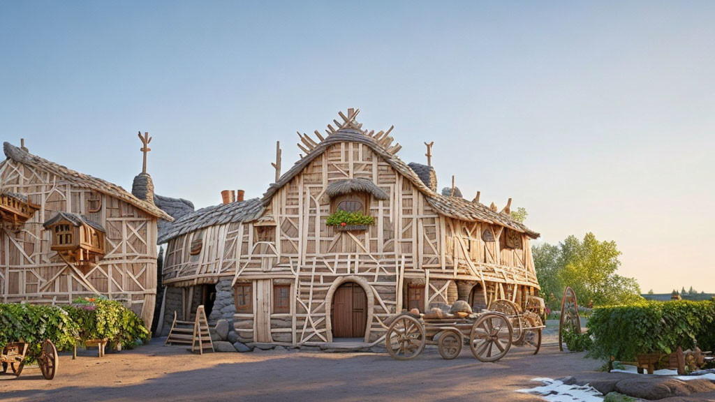 Thatched Roof Timber-Framed Farmhouse with Wheelbarrow