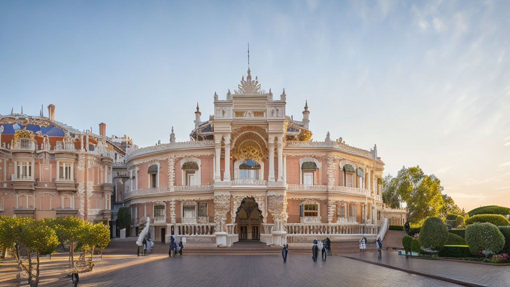 Historic building with intricate architecture and manicured gardens under clear sky