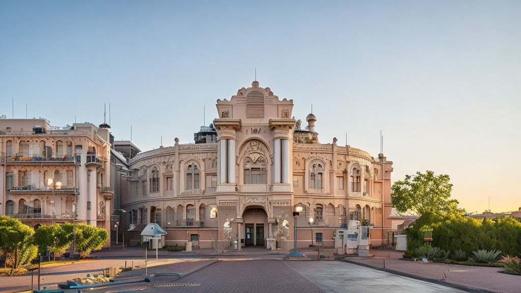 Ornate historical building with arched entrances in warm sunlight