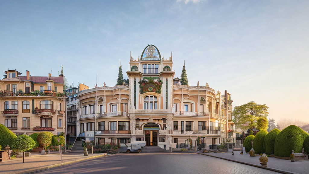 Symmetrical ornate building with central dome and manicured topiary trees