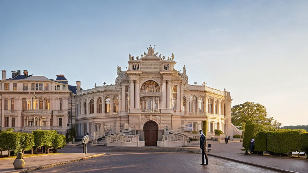 Neoclassical building at sunset with topiary gardens and guard