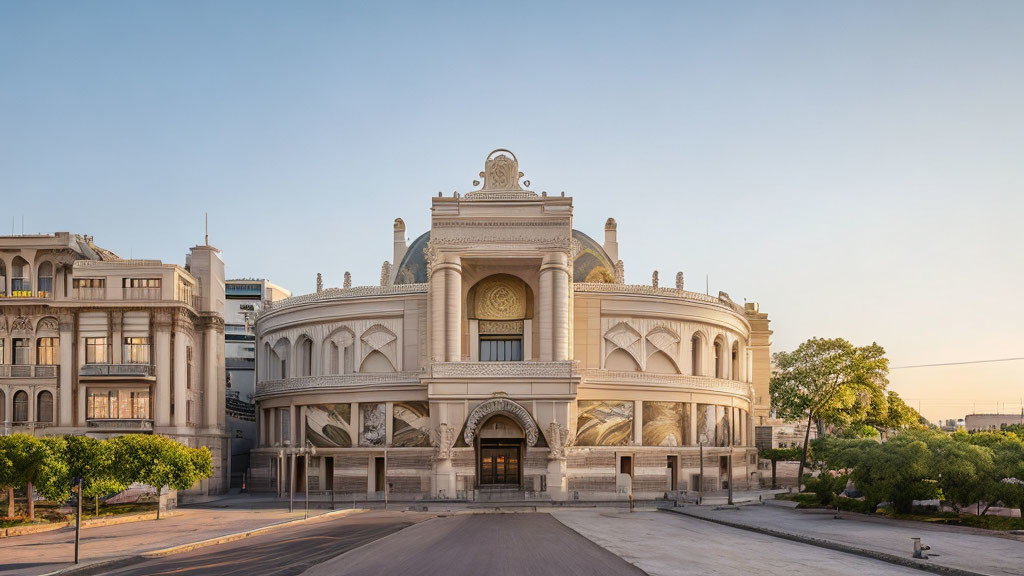 Neoclassical building with grand entrance and intricate facade details at dusk