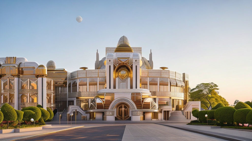 Futuristic building with Art Deco elements and grand clock centerpiece