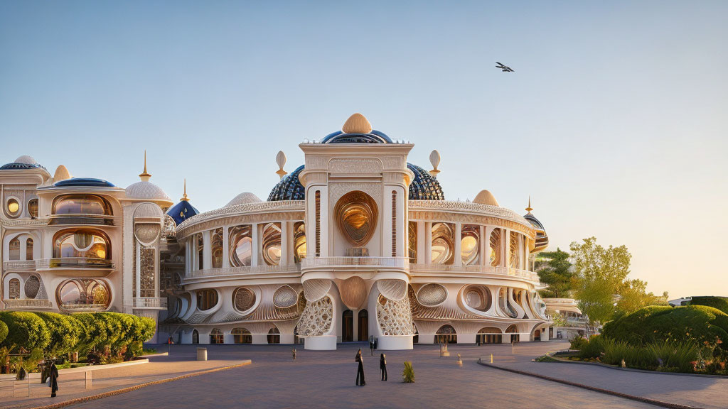 Architectural structure with domes and intricate designs under clear blue sky.