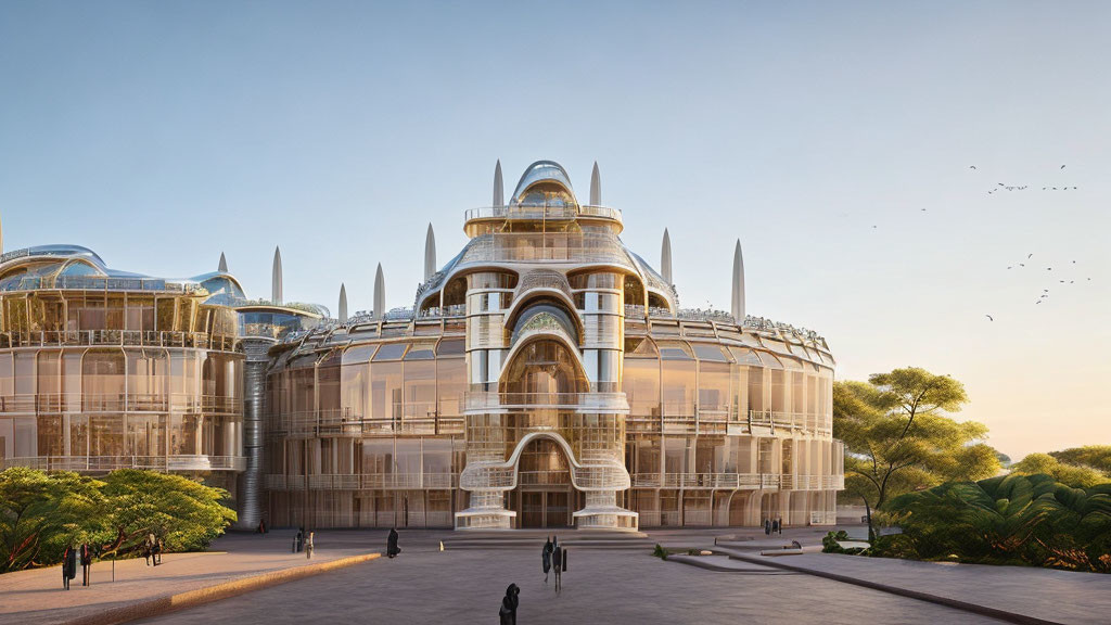 Glass building with cylindrical towers and domes surrounded by greenery at sunset