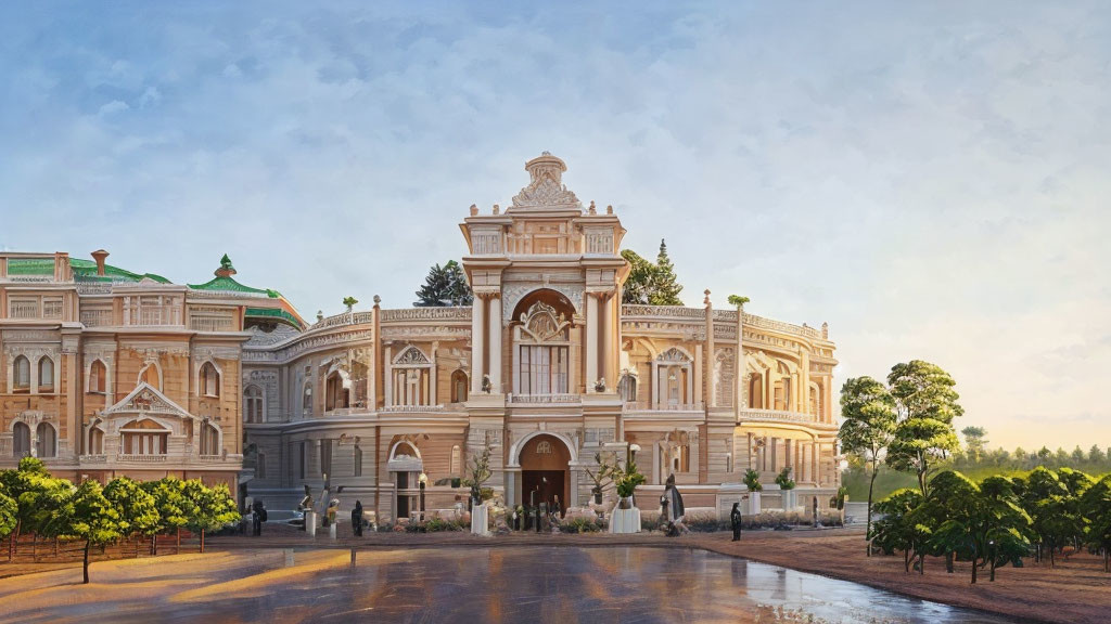 Classical building with decorative facade and arched windows at sunrise or sunset