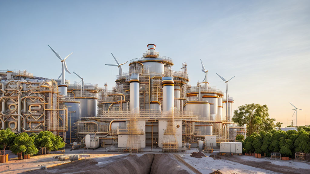 Industrial Plant with Storage Tanks and Wind Turbines on Clear Sky