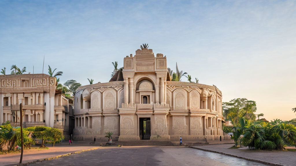 Ornate Building with Intricate Designs and Palm Trees against Clear Blue Sky at Dusk