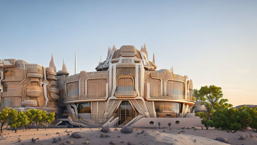 Futuristic organic building in desert landscape