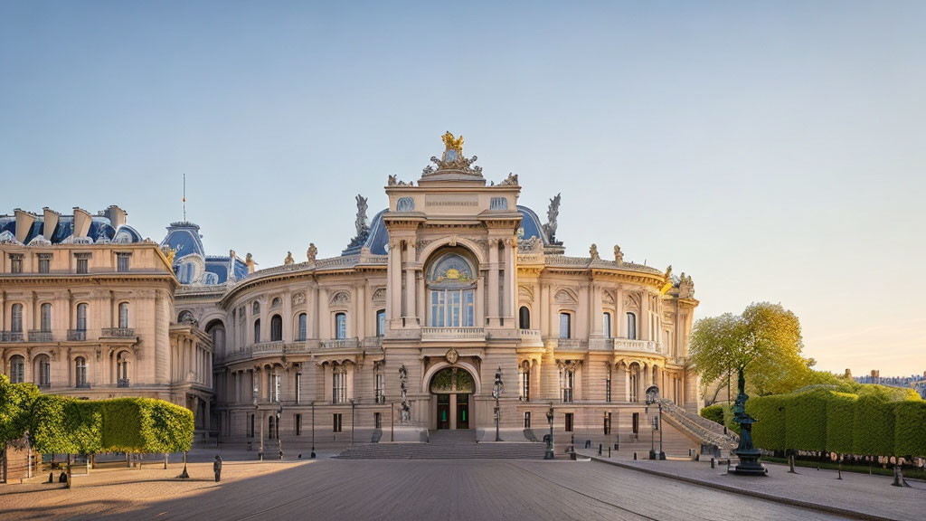 Neoclassical building with ornate decorations and central archway in soft sunlight