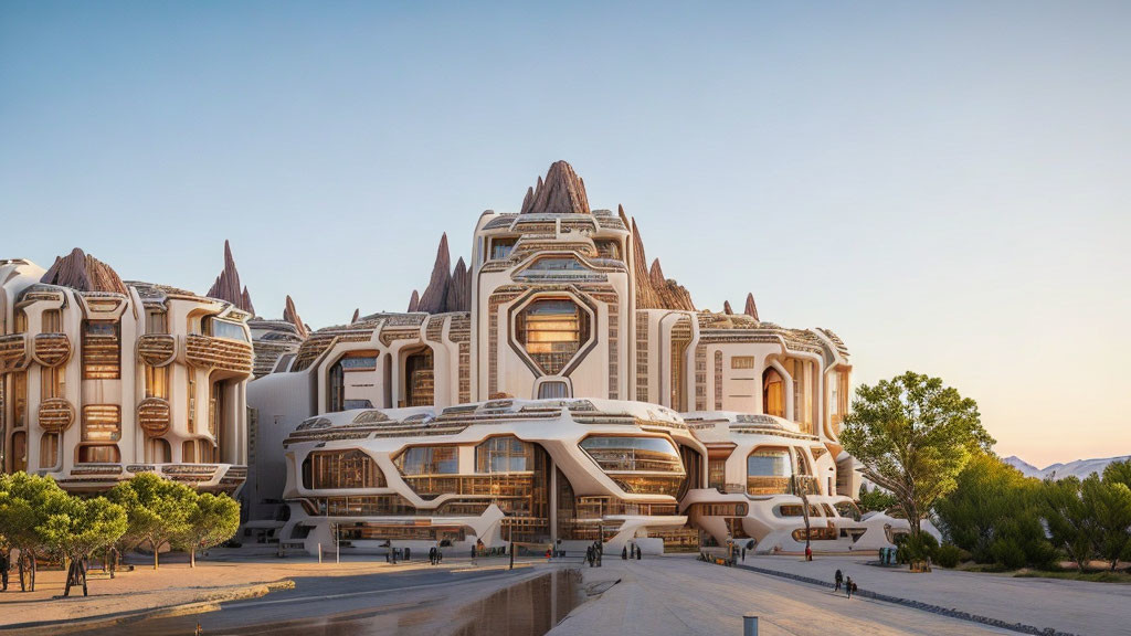 Organic-shaped futuristic architecture with central mask-like building in a serene landscape