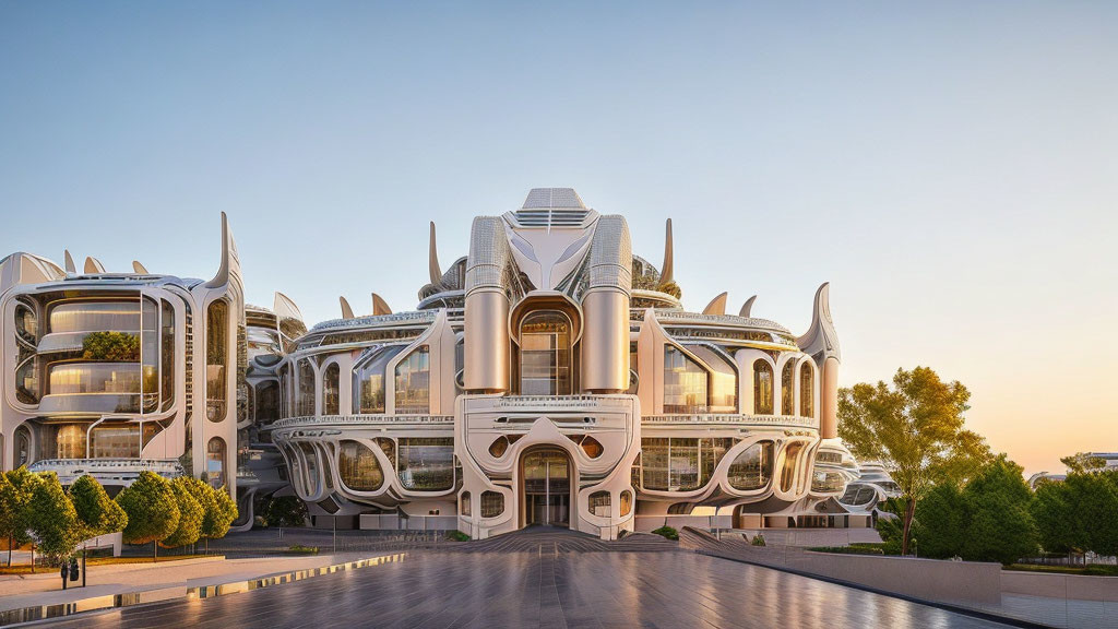 Organic Design Futuristic Building with White Facade and Large Glass Windows at Dawn