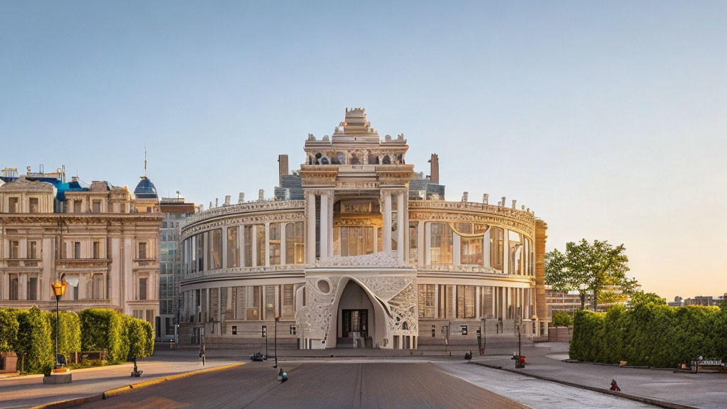 Neoclassical building facade at sunset with courtyard