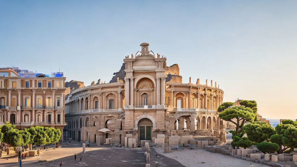 Ancient Roman amphitheater with semi-circular structure and modern buildings.