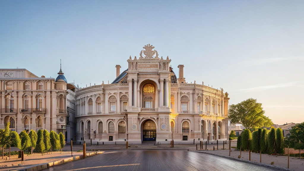 Neoclassical building with arches illuminated by warm dusk light