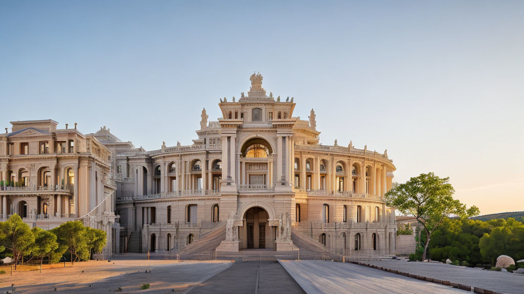 Neoclassical Palace with Columns and Stairs at Sunset