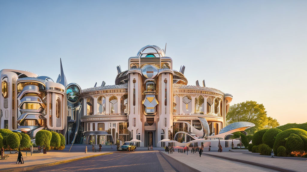 Futuristic building blending classical and modern architecture under golden hour sky