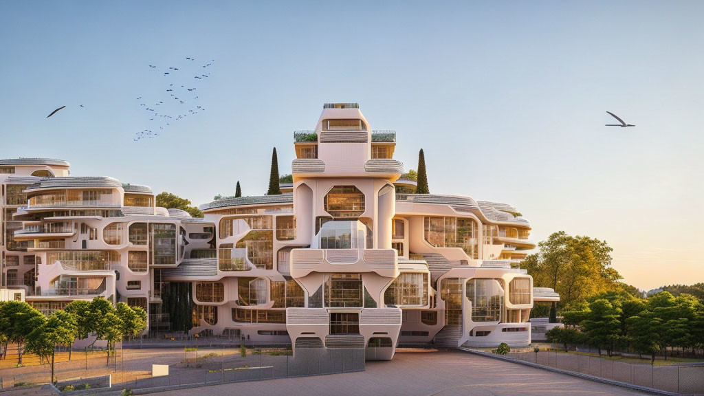 Curved Balconies and Greenery in Modern Architectural Complex at Sunset