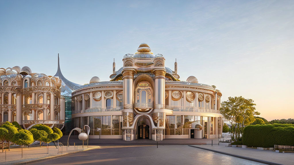 Ornate building with glass and gold details at sunset