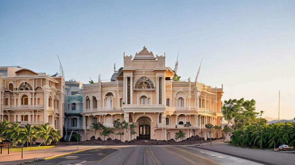 Colonial-style building with arched windows and grand entrance at sunset