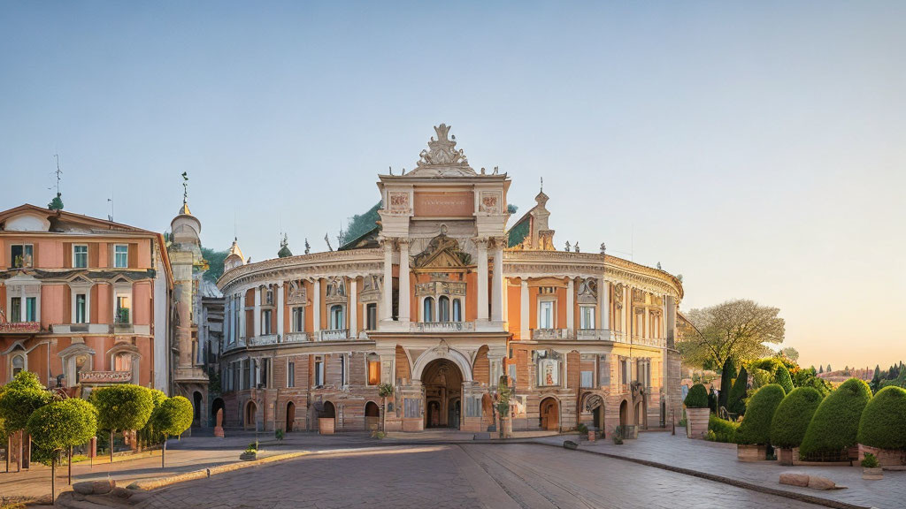 Opulent historic building with ornate architecture at golden hour