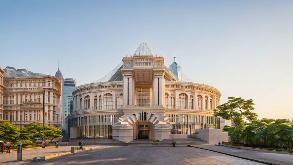 Neoclassical building with central dome and columns in modern cityscape