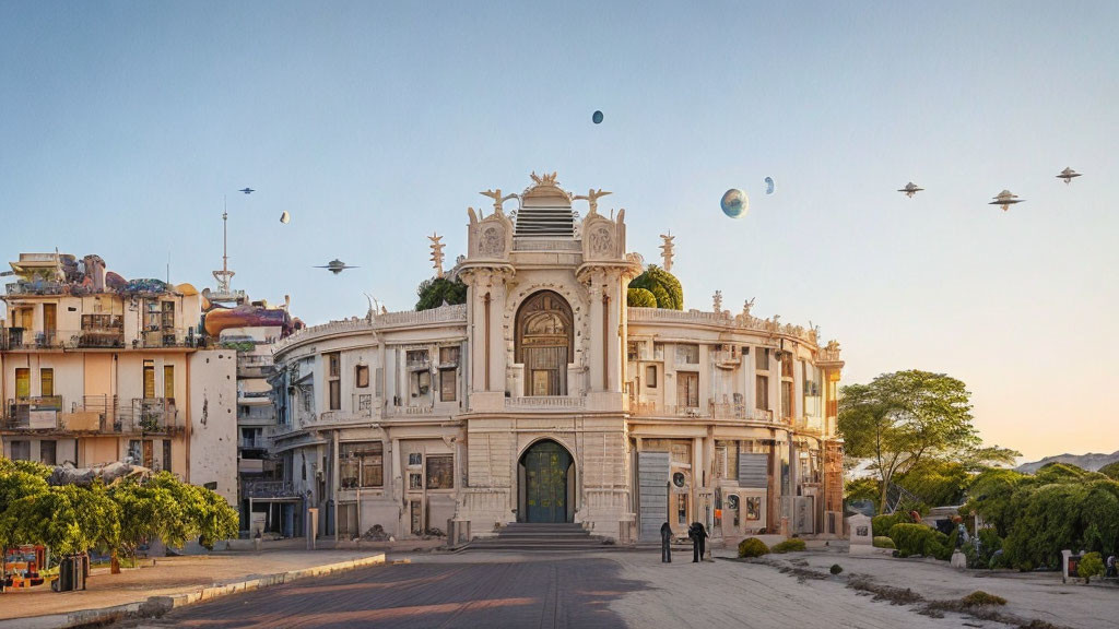 Historic building with ornate details surrounded by modern architecture and futuristic flying vehicles