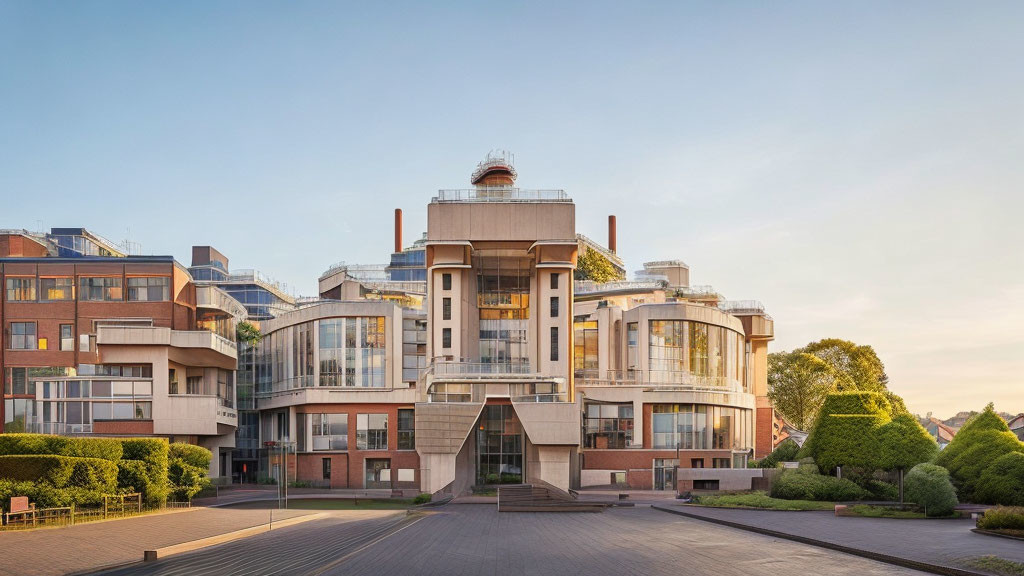 Contemporary building with cylindrical structures and dome in green landscape at golden hour