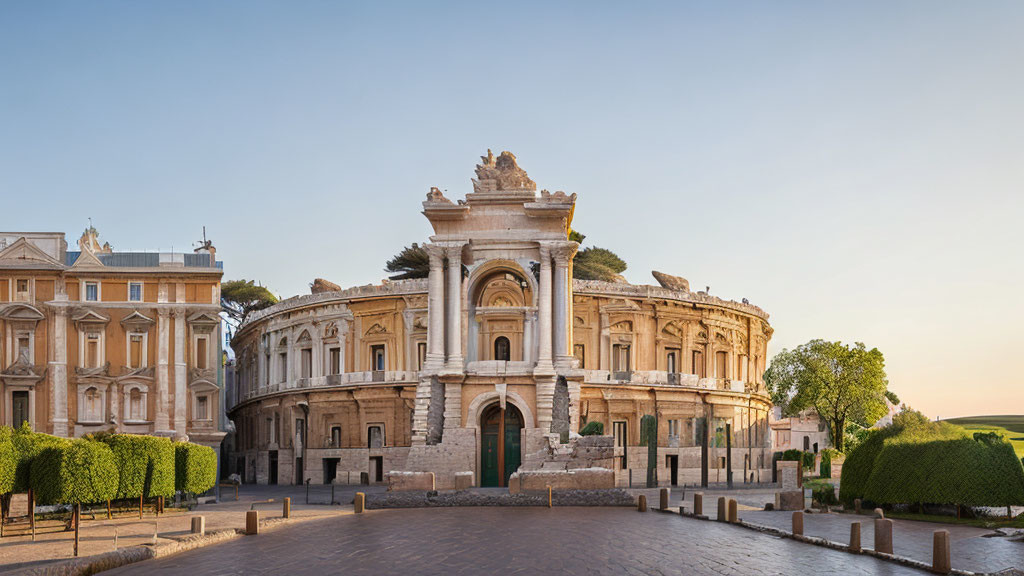 Historical building with grand arch, columns, and statues at sunset