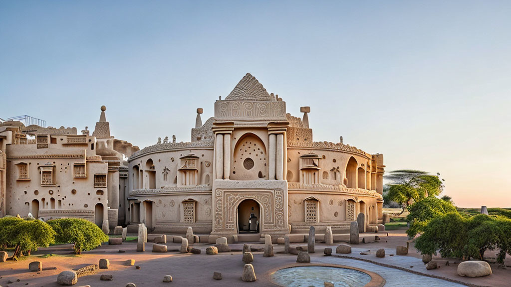 Traditional Adobe Mud-Brick Building with Ornate Designs and Round Towers at Dusk