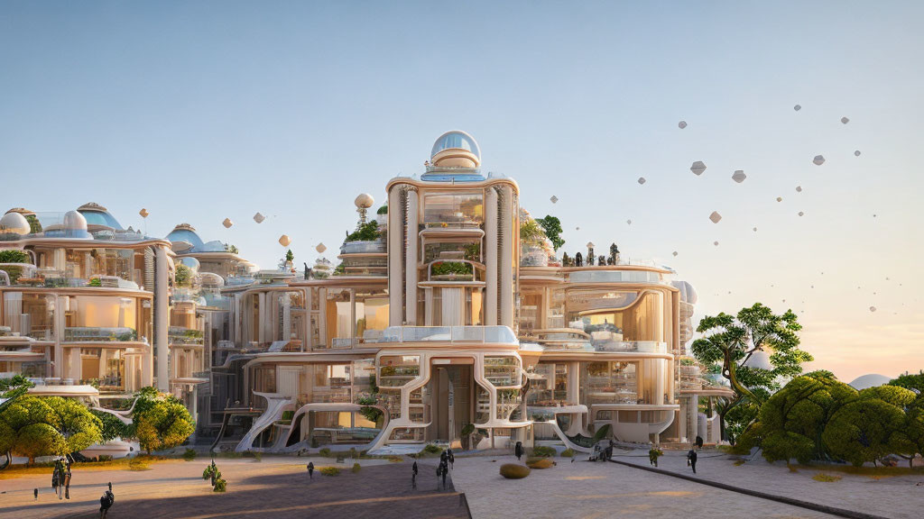 Modern multi-level architecture with terraces, greenery, and floating balloons at golden hour