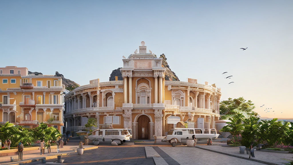 Classic Cars Parked in Front of Ornate Building with Warm Light