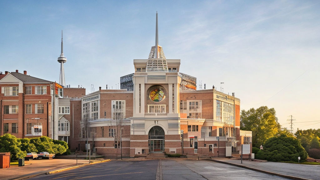 Modern Building with Stained Glass Window and Spire at Dawn or Dusk