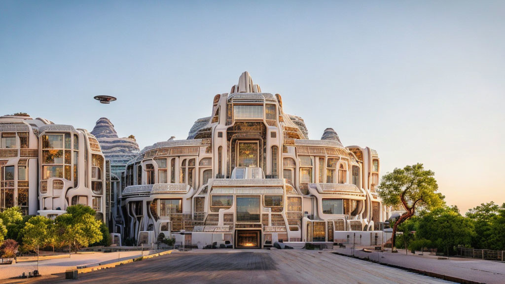 Ornate futuristic building at sunrise with flying drone