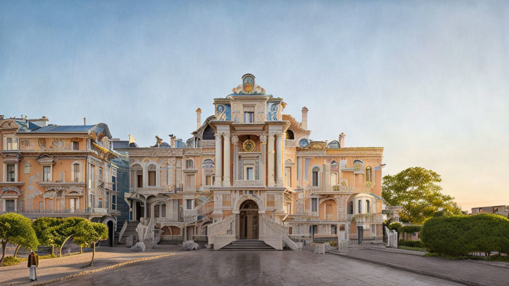 Luxurious mansion with grand staircase at twilight